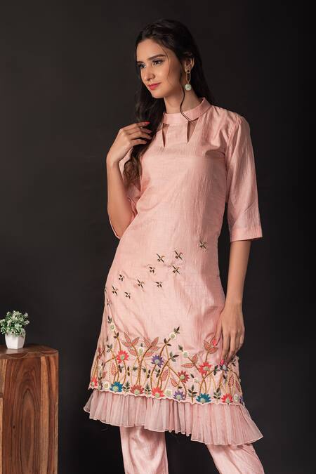 Shop_Label Deepshika Agarwal_Peach Silk, Organza Embroidery Round Neck Birds Kurta With Pant 