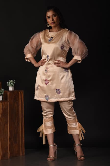 Shop_Label Deepshika Agarwal_Beige Silk, Organza Pearls, Sequins, Vase Embellished Short Kurta With Pant _at_Aza_Fashions