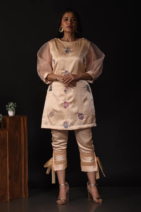 Shop_Label Deepshika Agarwal_Beige Silk, Organza Pearls, Sequins, Vase Embellished Short Kurta With Pant _Online_at_Aza_Fashions