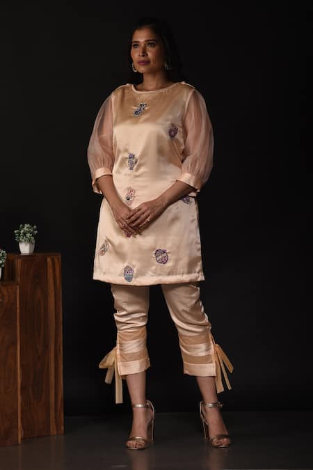 Label Deepshika Agarwal_Beige Silk, Organza Pearls, Sequins, Vase Embellished Short Kurta With Pant _at_Aza_Fashions