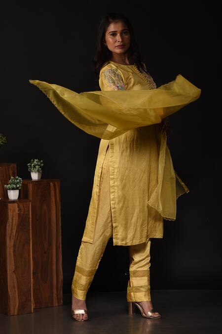 Shop_Label Deepshika Agarwal_Yellow Organza, Modal, Satin Embroidery, Sequins, Floral Garden Kura Pant Set _Online_at_Aza_Fashions