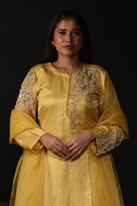 Shop_Label Deepshika Agarwal_Yellow Organza, Modal, Satin Embroidery, Sequins, Floral Garden Kura Pant Set 