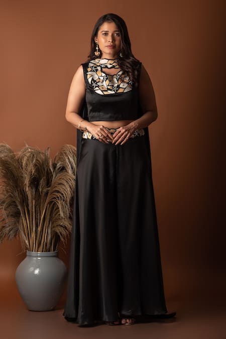 Label Deepshika Agarwal Black Satin Silk Embroidered Thread Round Geometric Palazzo Set 