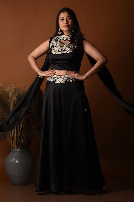 Shop_Label Deepshika Agarwal_Black Satin, Silk Embroidery Scoop Neck Geometric Palazzo Set _at_Aza_Fashions