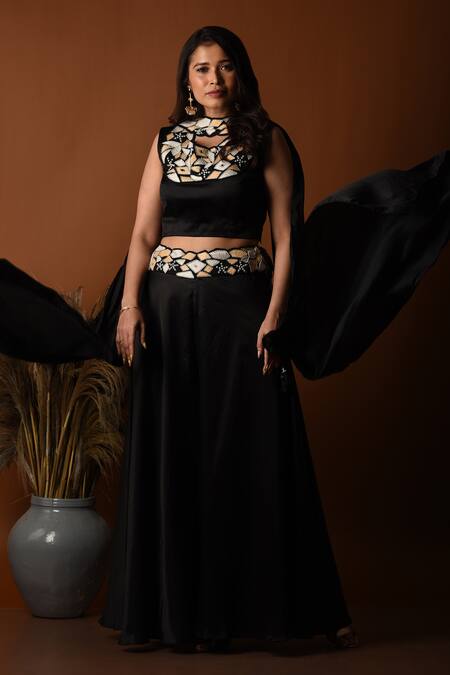 Label Deepshika Agarwal_Black Satin, Silk Embroidery Scoop Neck Geometric Palazzo Set _Online_at_Aza_Fashions