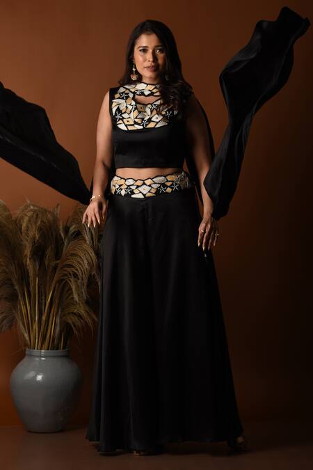 Buy_Label Deepshika Agarwal_Black Satin, Silk Embroidery Scoop Neck Geometric Palazzo Set _Online_at_Aza_Fashions