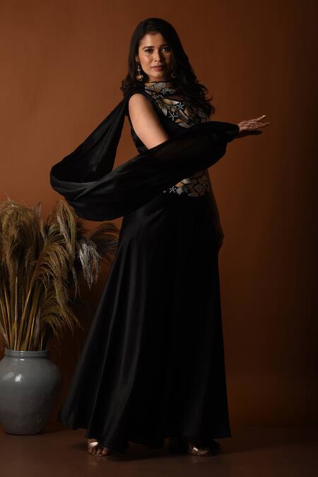 Label Deepshika Agarwal_Black Satin, Silk Embroidery Scoop Neck Geometric Palazzo Set _at_Aza_Fashions