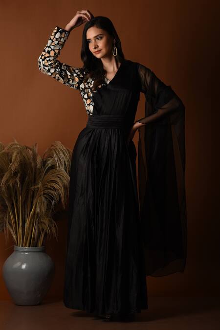 Label Deepshika Agarwal_Black Silk Embroidered Thread V-neck Geometric Draped Gown _Online_at_Aza_Fashions