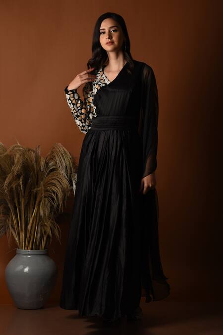 Buy_Label Deepshika Agarwal_Black Silk Embroidered Thread V-neck Geometric Draped Gown _Online_at_Aza_Fashions