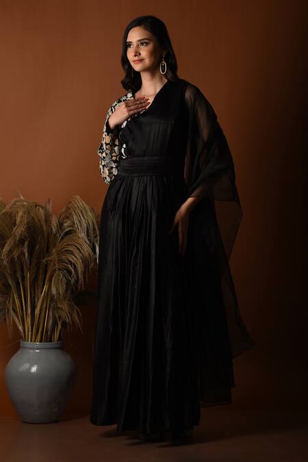 Shop_Label Deepshika Agarwal_Black Silk Embroidered Thread V-neck Geometric Draped Gown _Online_at_Aza_Fashions
