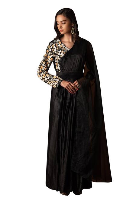 Buy Label Deepshika Agarwal Black Silk Embroidered Thread V-neck Geometric Draped Gown Buy_Label Deepshika Agarwal_Black Silk Embroidered Thread V-neck Geometric Draped Gown