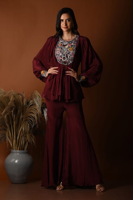 Label Deepshika Agarwal Floral Embroidered Peplum Top With Sharara 