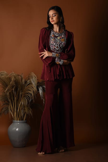 Shop_Label Deepshika Agarwal_Maroon Crepe Embroidery, Sequins, Beads Round Floral Peplum Top With Sharara _at_Aza_Fashions