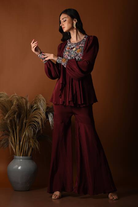 Label Deepshika Agarwal_Maroon Crepe Embroidery, Sequins, Beads Round Floral Peplum Top With Sharara _Online_at_Aza_Fashions