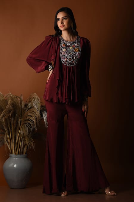 Buy_Label Deepshika Agarwal_Maroon Crepe Embroidery, Sequins, Beads Round Floral Peplum Top With Sharara _Online_at_Aza_Fashions