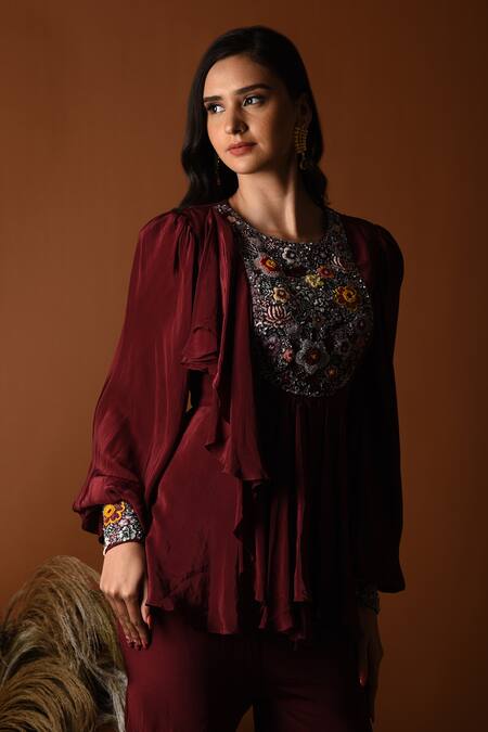 Buy_Label Deepshika Agarwal_Maroon Crepe Embroidery, Sequins, Beads Round Floral Peplum Top With Sharara 