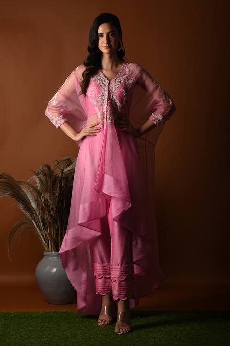 Label Deepshika Agarwal_Pink Organza Embroidered Beads V-neck Leaf Kaftan Set _Online_at_Aza_Fashions