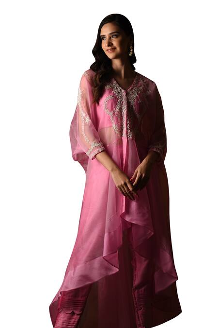 Buy Label Deepshika Agarwal Pink Organza Embroidered Beads V-neck Leaf Kaftan Set Online at Aza Fashions Buy_Label Deepshika Agarwal_Pink Organza Embroidered Beads V-neck Leaf Kaftan Set _Online_at_Aza_Fashions