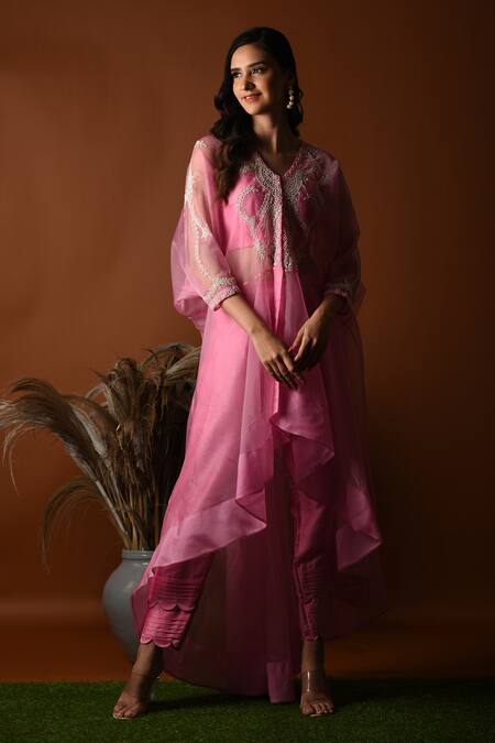 Shop_Label Deepshika Agarwal_Pink Organza Embroidered Beads V-neck Leaf Kaftan Set _Online_at_Aza_Fashions