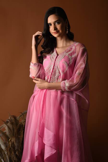 Buy_Label Deepshika Agarwal_Pink Organza Embroidered Beads V-neck Leaf Kaftan Set 