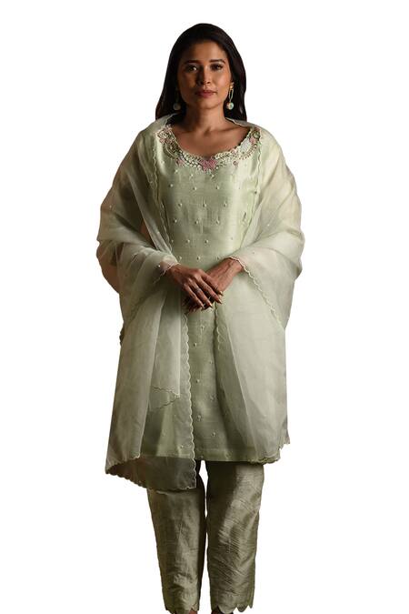Shop Label Deepshika Agarwal Green Silk Beads Round Neck Leaf Embroidered Kurta Pant Set Online at Aza Fashions Shop_Label Deepshika Agarwal_Green Silk Beads Round Neck Leaf Embroidered Kurta Pant Set _Online_at_Aza_Fashions