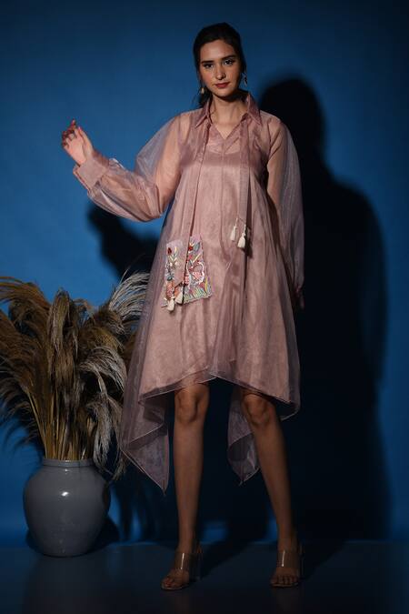 Buy_Label Deepshika Agarwal_Brown Satin Embroidered Thread Collar Patch Flared Dress _Online_at_Aza_Fashions