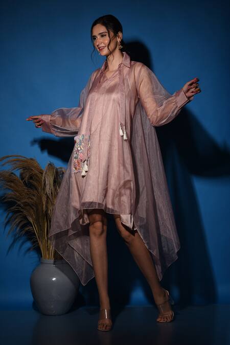 Shop_Label Deepshika Agarwal_Brown Satin Embroidered Thread Collar Patch Flared Dress _Online_at_Aza_Fashions