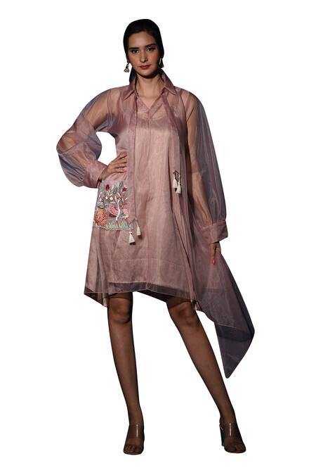 Label Deepshika Agarwal Brown Satin Embroidered Thread Collar Patch Flared Dress at Aza Fashions Label Deepshika Agarwal_Brown Satin Embroidered Thread Collar Patch Flared Dress _at_Aza_Fashions