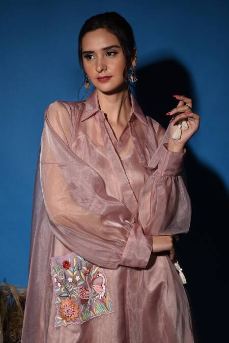 Buy_Label Deepshika Agarwal_Brown Satin Embroidered Thread Collar Patch Flared Dress 