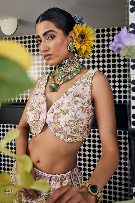 Label Deepshika Agarwal_Pink Cotton, Silk Embroidery Round Neck Dabka Bridal Lehenga Set _Online_at_Aza_Fashions