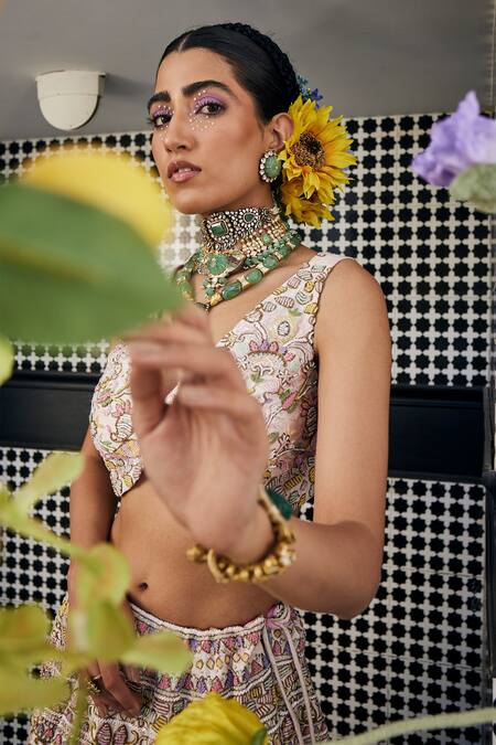 Buy_Label Deepshika Agarwal_Pink Cotton, Silk Embroidery Round Neck Dabka Bridal Lehenga Set _Online_at_Aza_Fashions