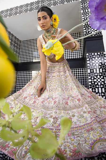 Shop Label Deepshika Agarwal Pink Cotton, Silk Embroidery Round Neck Dabka Bridal Lehenga Set Online at Aza Fashions Shop_Label Deepshika Agarwal_Pink Cotton, Silk Embroidery Round Neck Dabka Bridal Lehenga Set _Online_at_Aza_Fashions