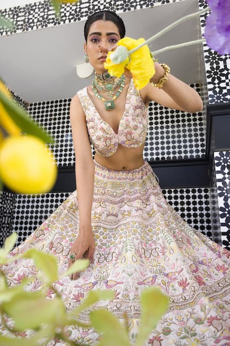 Label Deepshika Agarwal Pink Cotton, Silk Embroidery Round Neck Dabka Bridal Lehenga Set at Aza Fashions Label Deepshika Agarwal_Pink Cotton, Silk Embroidery Round Neck Dabka Bridal Lehenga Set _at_Aza_Fashions