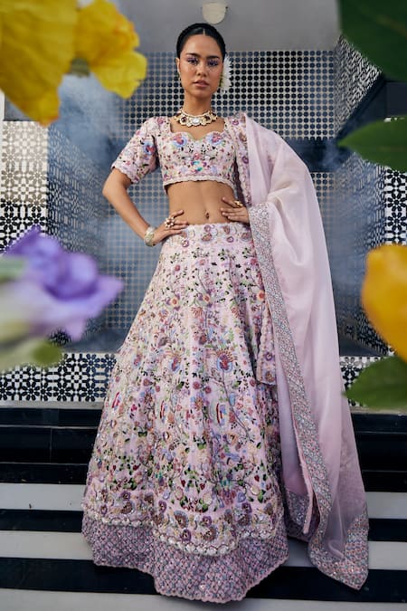 Label Deepshika Agarwal Pink Couture Silk Embroidered Sequin Leaf Double Layered Bridal Lehenga Set 