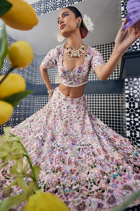 Label Deepshika Agarwal_Pink Silk, Cotton Sequins, Embroidery Double Layered Bridal Lehenga Set _Online_at_Aza_Fashions