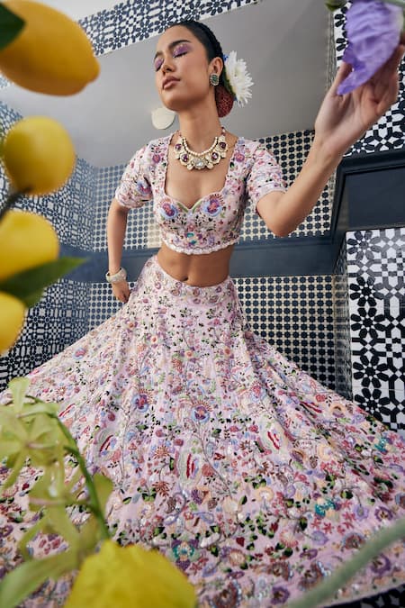 Buy_Label Deepshika Agarwal_Pink Silk, Cotton Sequins, Embroidery Double Layered Bridal Lehenga Set _Online_at_Aza_Fashions