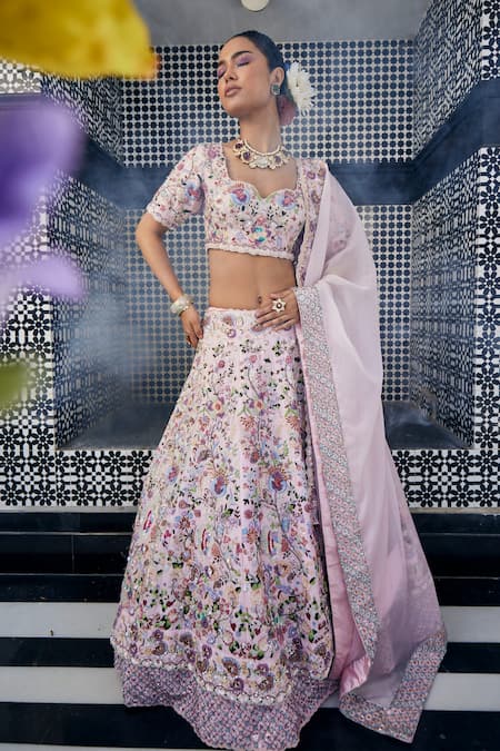 Shop_Label Deepshika Agarwal_Pink Silk, Cotton Sequins, Embroidery Double Layered Bridal Lehenga Set _Online_at_Aza_Fashions