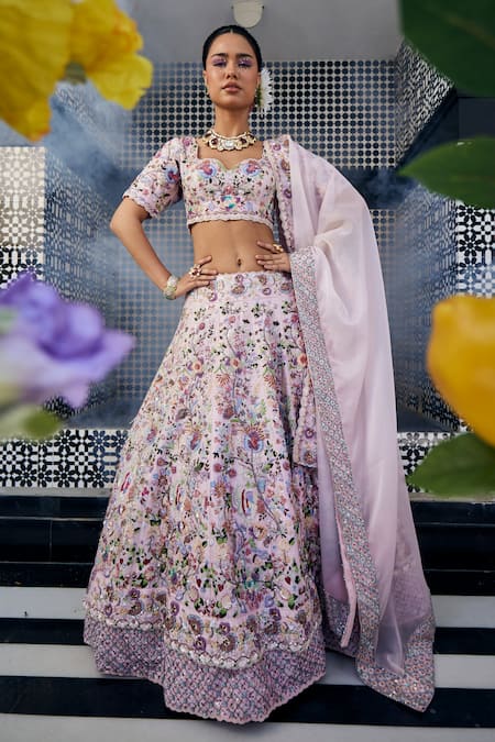 Buy_Label Deepshika Agarwal_Pink Silk, Cotton Sequins, Embroidery Double Layered Bridal Lehenga Set 