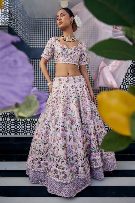 Shop_Label Deepshika Agarwal_Pink Silk, Cotton Sequins, Embroidery Double Layered Bridal Lehenga Set 