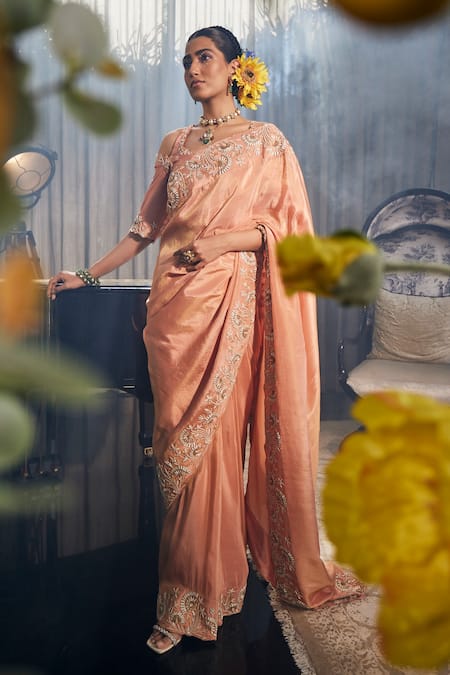 Label Deepshika Agarwal Lotus Zari Work Saree With Blouse 