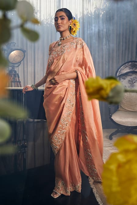 Shop_Label Deepshika Agarwal_Orange Tissue, Silk, Taffeta Zari, Embroidery Lotus Work Saree With Blouse _at_Aza_Fashions