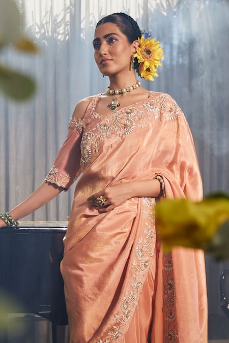 Label Deepshika Agarwal Orange Tissue, Silk, Taffeta Zari, Embroidery Lotus Work Saree With Blouse Online at Aza Fashions Label Deepshika Agarwal_Orange Tissue, Silk, Taffeta Zari, Embroidery Lotus Work Saree With Blouse _Online_at_Aza_Fashions