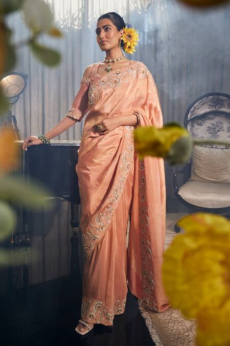 Buy_Label Deepshika Agarwal_Orange Tissue, Silk, Taffeta Zari, Embroidery Lotus Work Saree With Blouse _Online_at_Aza_Fashions