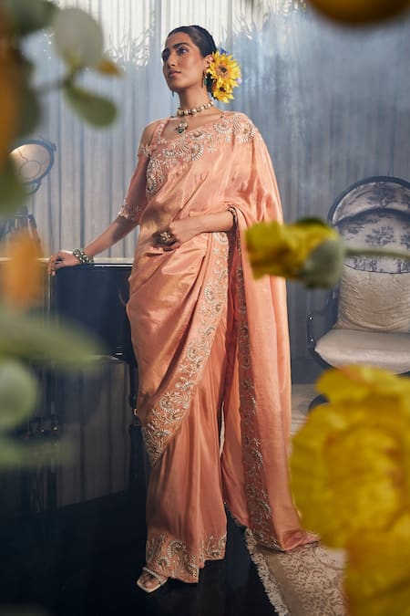 Shop_Label Deepshika Agarwal_Orange Tissue, Silk, Taffeta Zari, Embroidery Lotus Work Saree With Blouse _Online_at_Aza_Fashions