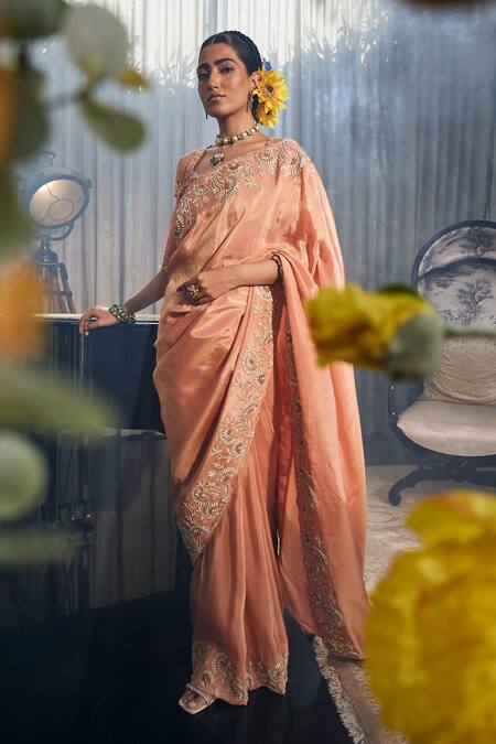 Label Deepshika Agarwal_Orange Tissue, Silk, Taffeta Zari, Embroidery Lotus Work Saree With Blouse _at_Aza_Fashions