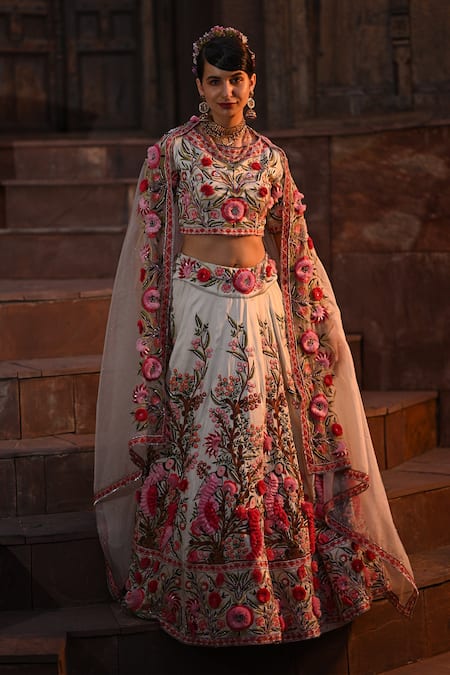 Shop_Label Deepshika Agarwal_Green Organza, Cotton, Silk, Taffeta Embroidery Boat Neck Lehenga Set _at_Aza_Fashions