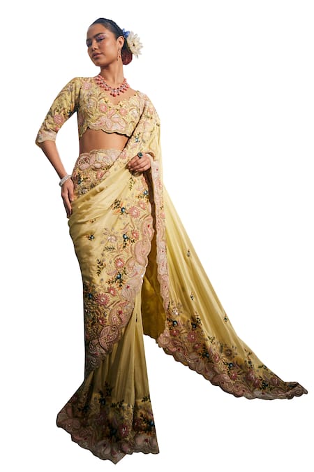 Label Deepshika Agarwal Yellow Silk Embroidery V-neck Paisley And Floral Saree With Blouse Online at Aza Fashions Label Deepshika Agarwal_Yellow Silk Embroidery V-neck Paisley And Floral Saree With Blouse _Online_at_Aza_Fashions