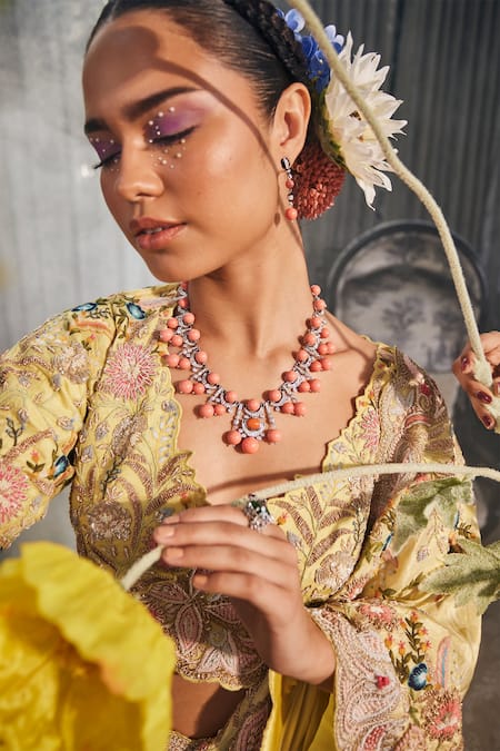 Shop_Label Deepshika Agarwal_Yellow Silk Embroidery V-neck Paisley And Floral Saree With Blouse _Online_at_Aza_Fashions