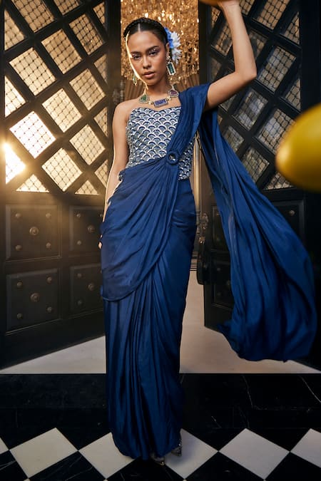 Shop_Label Deepshika Agarwal_Blue Cotton, Silk, Taffeta Sequins, Embroidery Pre-draped Saree With Corset _at_Aza_Fashions