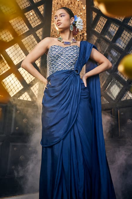 Shop_Label Deepshika Agarwal_Blue Cotton, Silk, Taffeta Sequins, Embroidery Pre-draped Saree With Corset _Online_at_Aza_Fashions